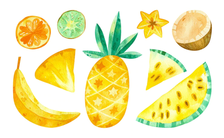 Tropical Fruits Watercolor Clipart Pineapple Banana Coconut Carambola Watermelon Orange Kiwi 71593 1528 (1)