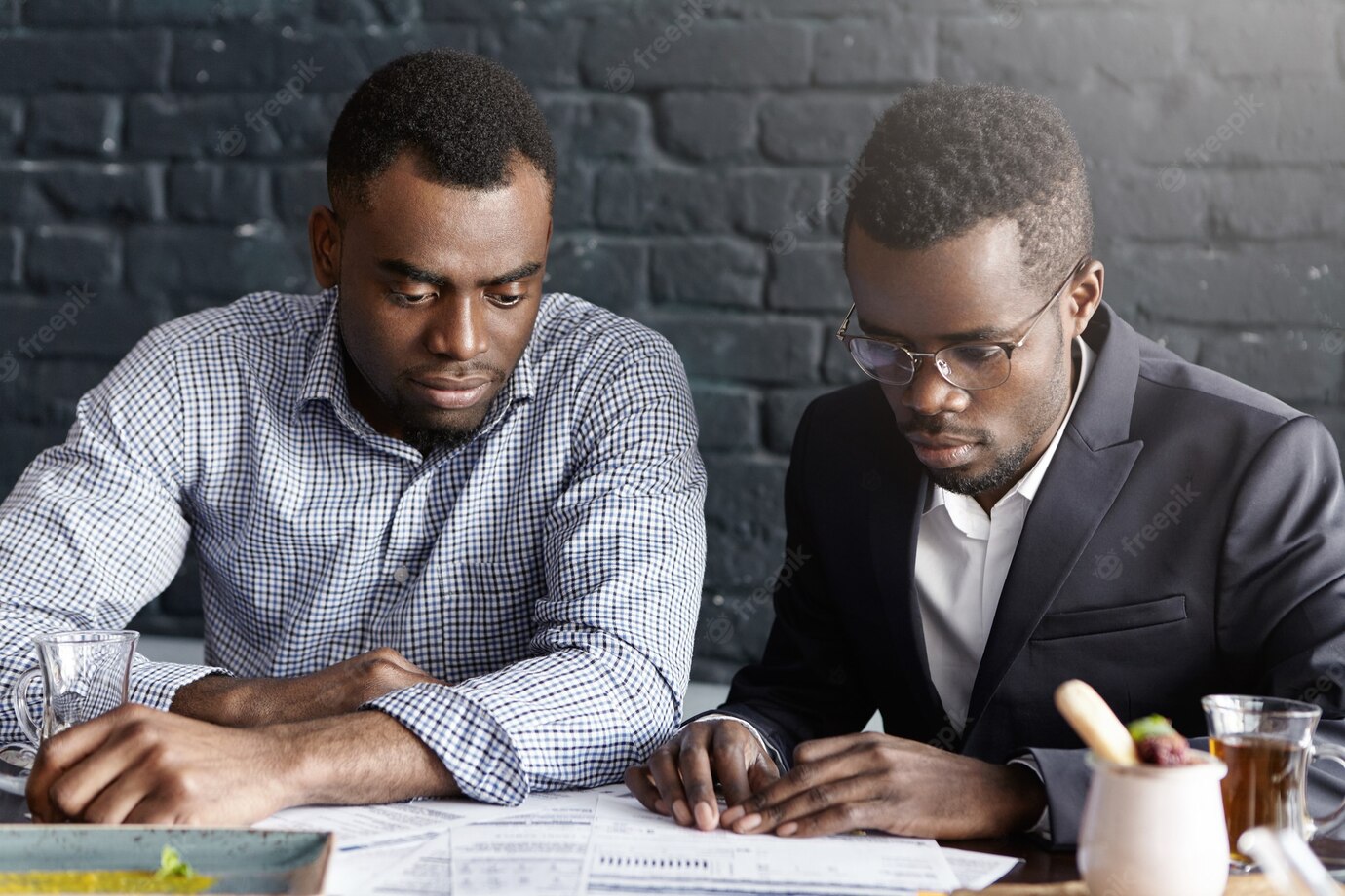 Two African American Colleagues Formal Wear Sitting Desk With Papers While Working Financial Report 273609 9491