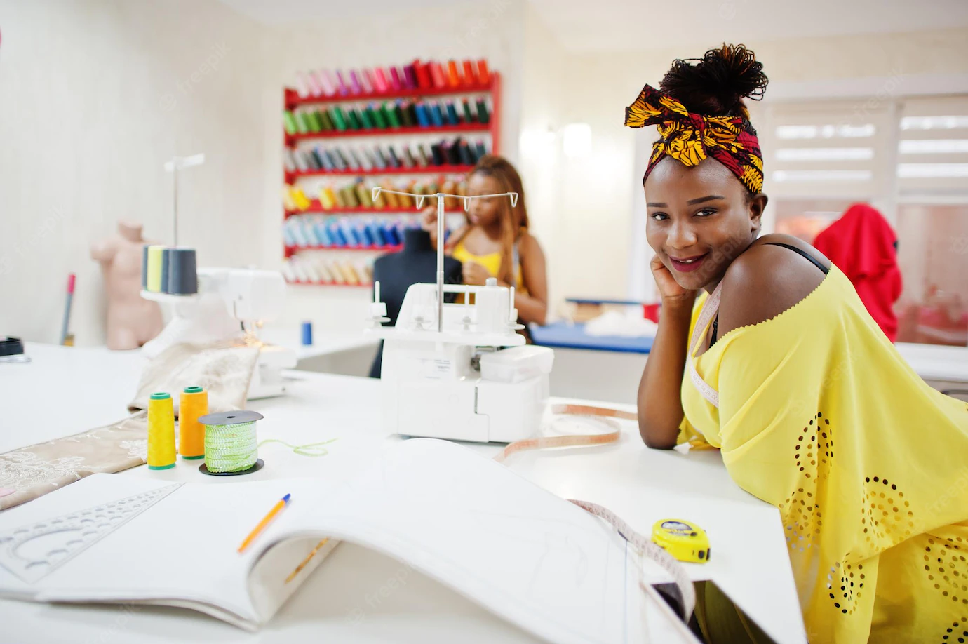 Two African Dressmaker Woman Sews Clothes Sewing Machine Tailor Office Black Seamstress Girls 627829 4508