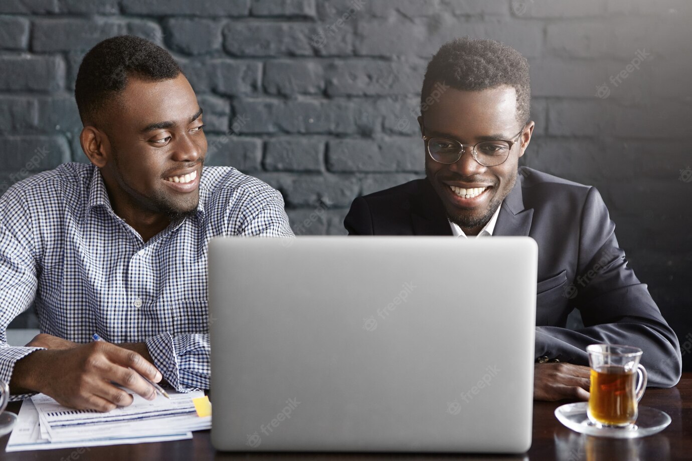 Two Businessmen Discusing Financial Data Digital Tablet 273609 9318