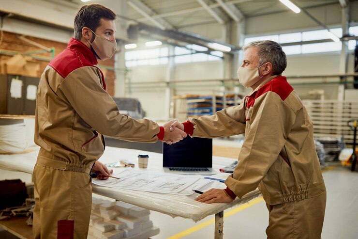 Two Carpenters With Face Masks Congratulating Each Other Successful Project Workshop 637285 11797