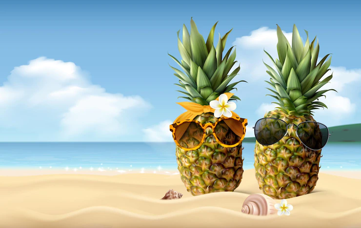 Two Pineapples With Sunglasses Sandy Beach Realistic Summer Composition 1284 61854