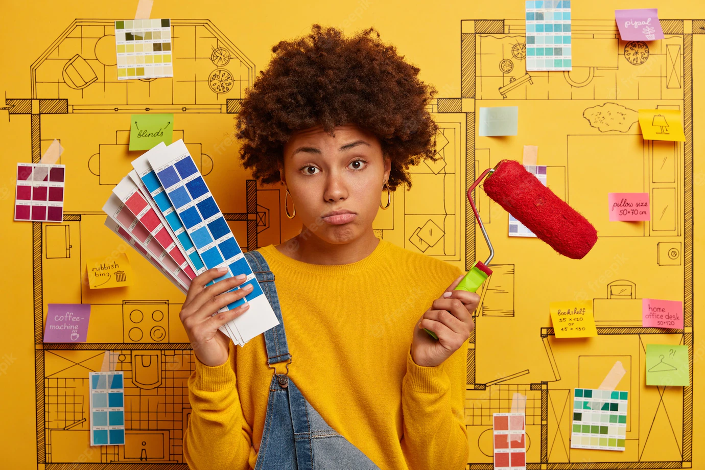 Unhappy Tired Young Woman Holds Tools Repair Color Samples Fatigue After Wall Painting Refurbishment Poses Creative Design Project Home Repair Reconstruction Work Concept 273609 42205