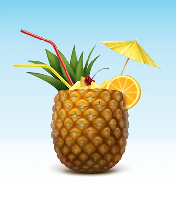 Vector Pineapple Cocktail Garnished With Maraschino Cherry Orange Slice Red Straw Tubes Yellow Umbrella Isolated Background 1284 45426