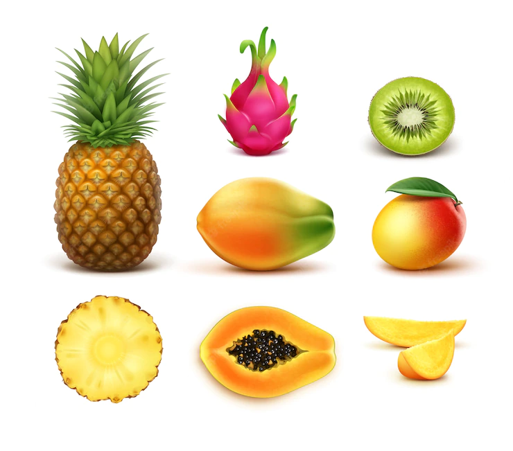 Vector Set Whole Half Cut Tropical Fruits Pineapple Kiwi Mango Papaya Dragonfruit Isolated White Background 1284 45460