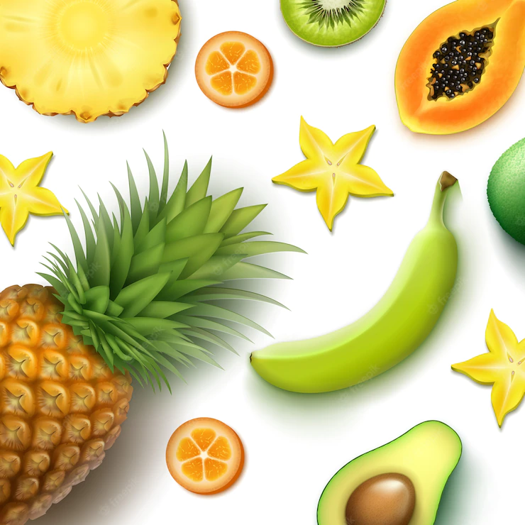 Vector Tropical Fruits Background With Whole Half Cut Pineapple Kiwi Papaya Banana Carambola Kumquat Top View 1284 45444