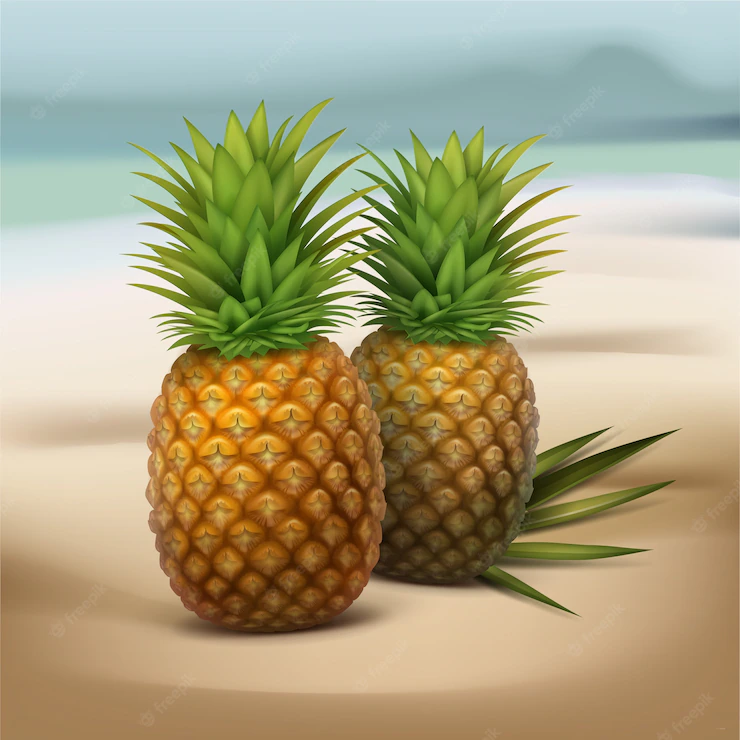 Vector Two Pineapples With Green Palm Leaf Isolated Blur Seaside Background 1284 45464