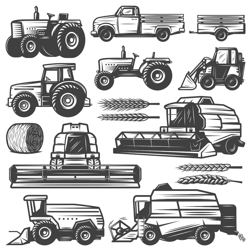 Vintage harvesting transport collection with truck tractors loader combines harvesters hay bale wheat ears isolated Free Vector