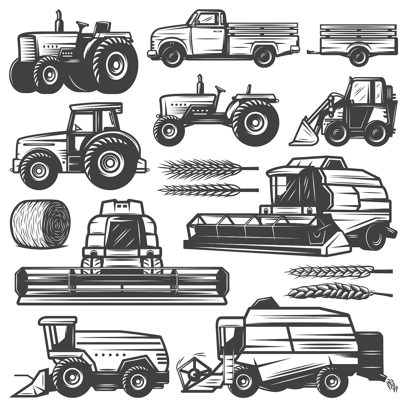 Vintage Harvesting Transport Collection With Truck Tractors Loader Combines Harvesters Hay Bale Wheat Ears Isolated 1284 38933