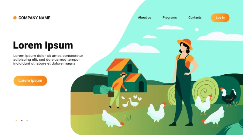 Website template, landing page with illustration of farmers working on chicken farm isolated flat vector illustration Free Vector