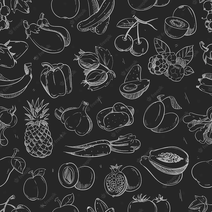 White Doodle Vegetables Fruits Isolated Blackboard Seamless Pattern 1284 52003