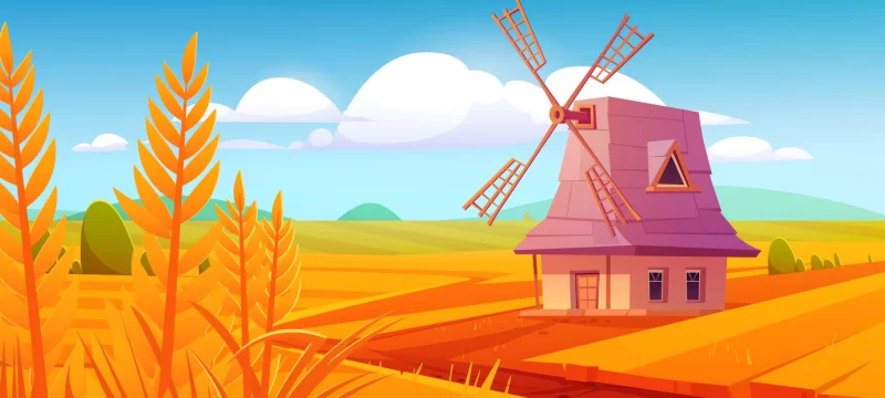 Windmill on farm nature landscape, plowed field Free Vector