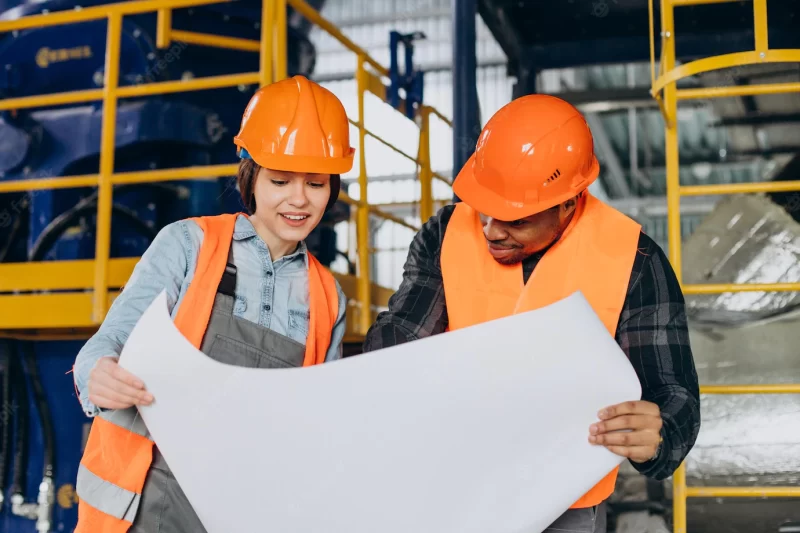 Woman and african american worker standing with a plan in a factory Free Photo