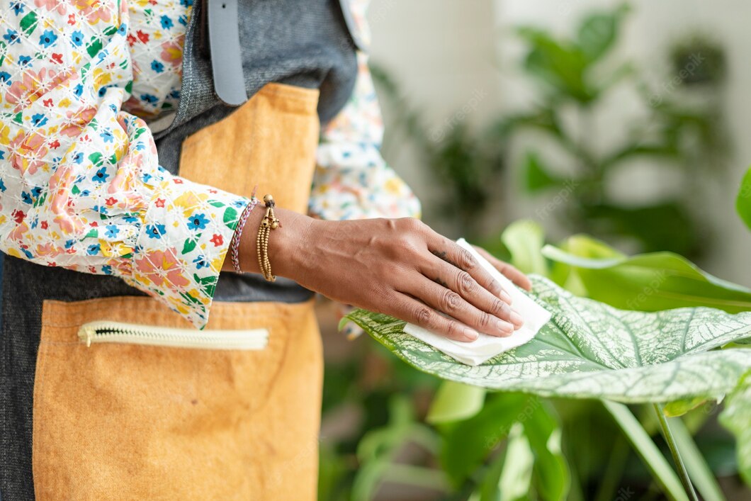 Woman Cleaning Leaf Potted Plant 53876 128869