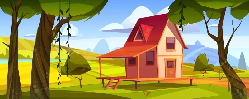 Wooden farm house with agriculture fields and garden. vector cartoon summer landscape of countryside with green hills, lake, trees and small cottage with porch Free Vector