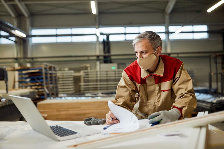 Woodworker With Face Mask Analyzing Paperwork While Using Computer Carpentry Workshop 637285 11699