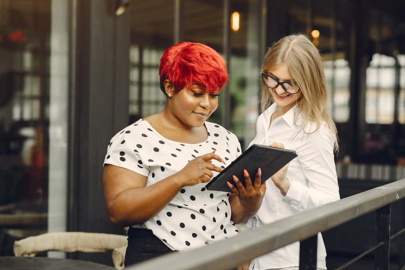 Young African American Female Working Office Lady White Blouse Caucasian Woman With Her African Colleague 1157 41617