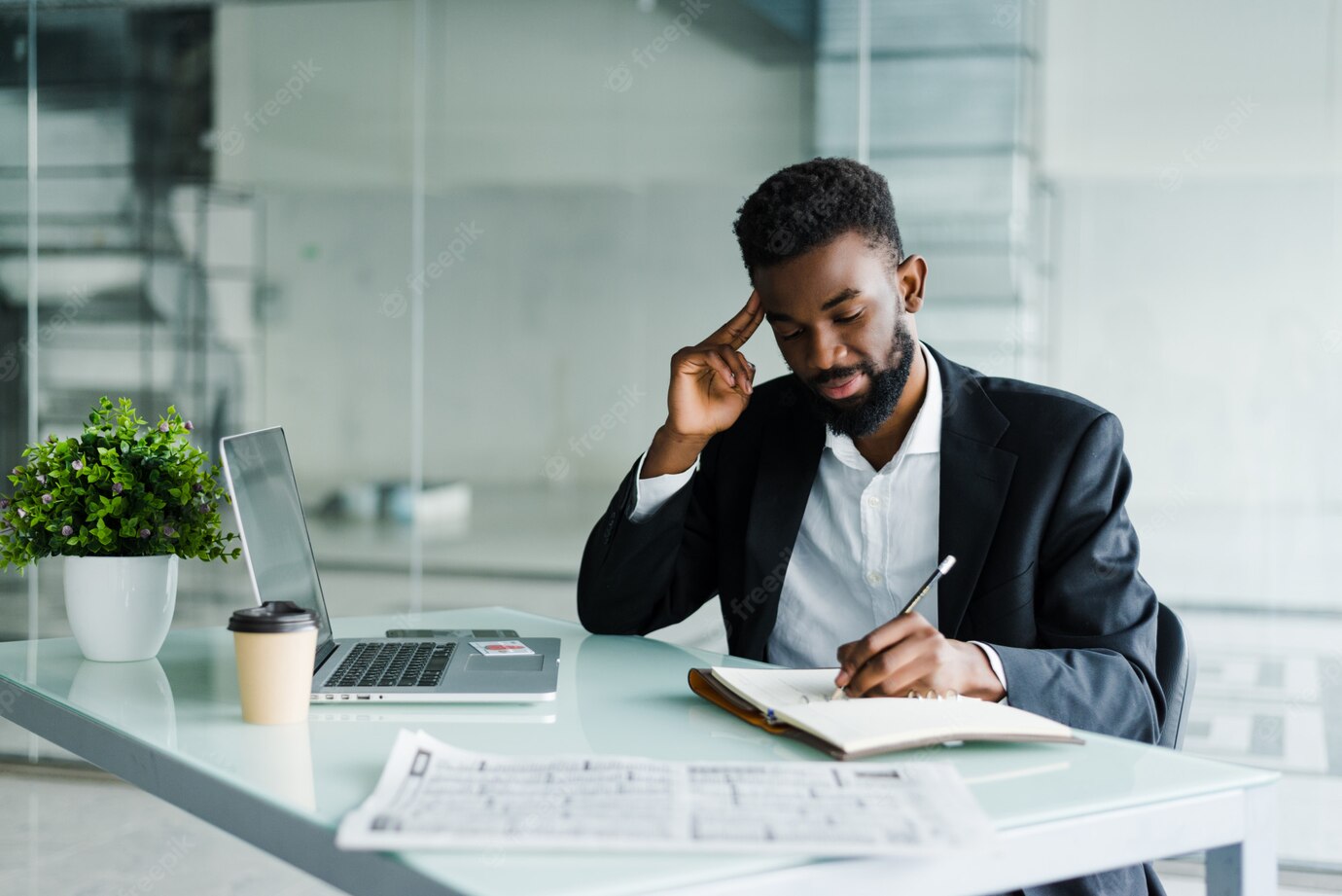 Young African Businessman Working Office Laptop Make Notice Notebook 231208 728