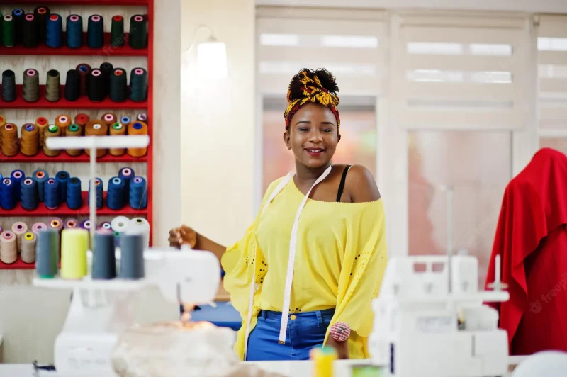 Young african dressmaker woman sews clothes on sewing machine at tailor office black seamstress women Free Photo