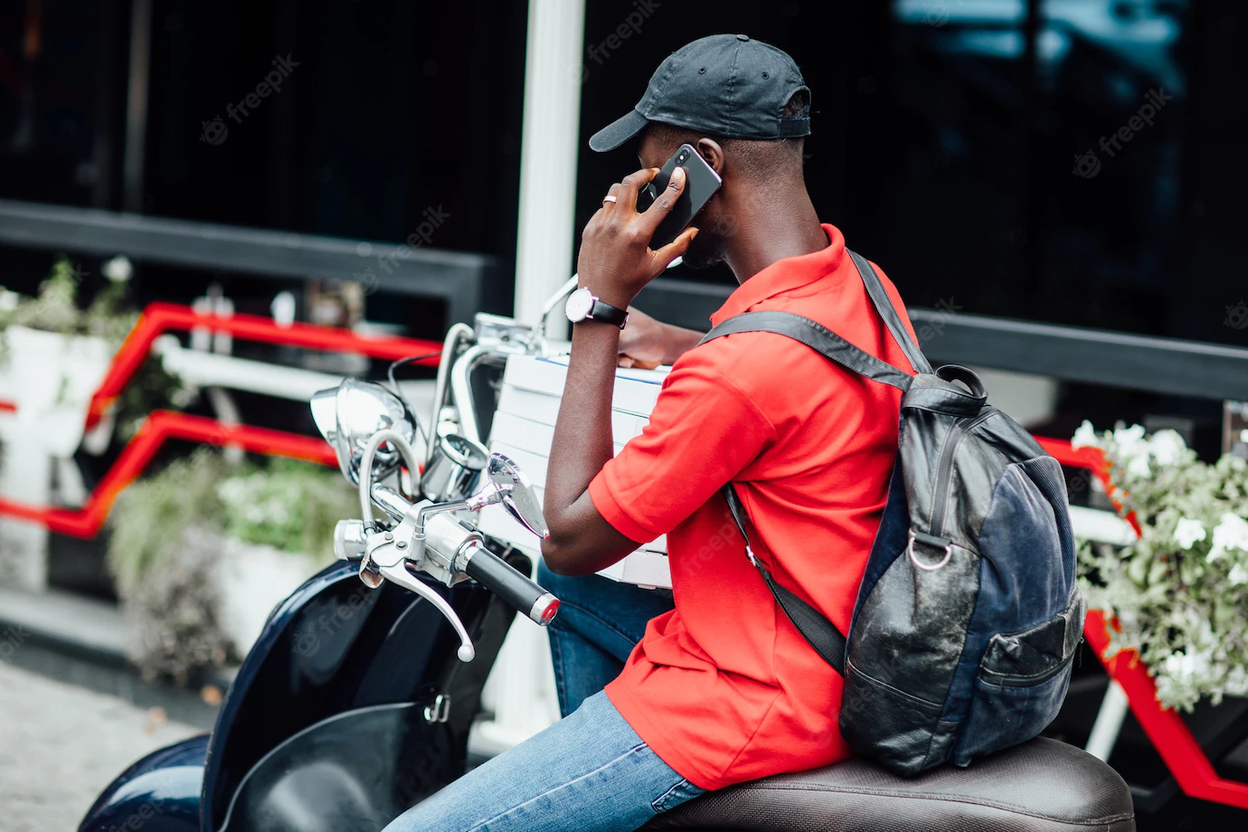 Young African Guy Accepts Order By Phone Write Motorbike Holding Boxes With Pizza 496169 2171