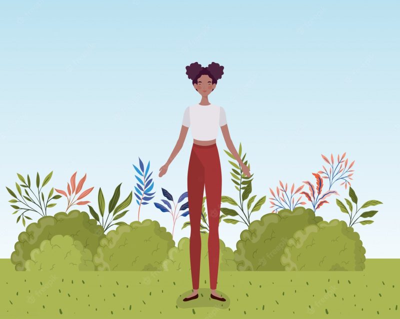 Young Afro woman standing in the camp Free Vector