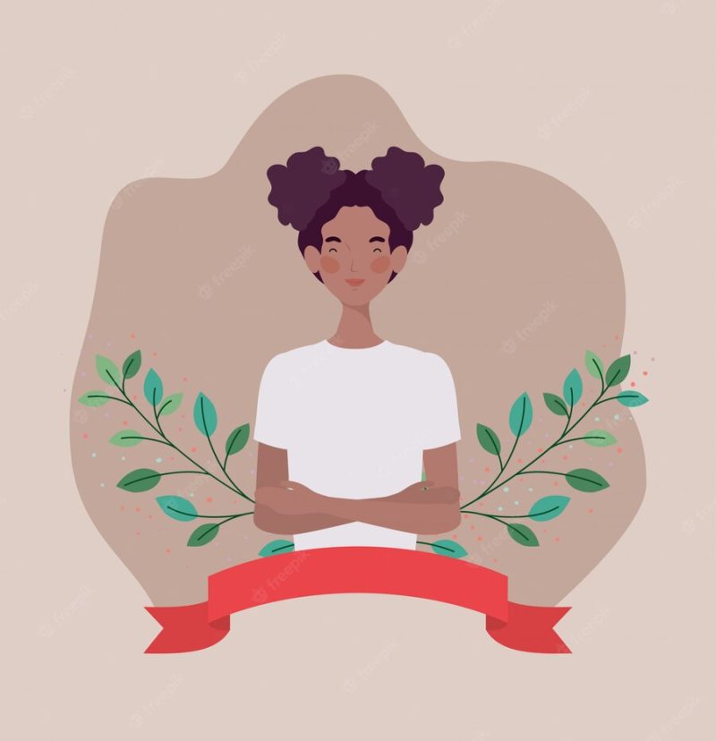 Young afro woman with frame ribbon and leafs Free Vector