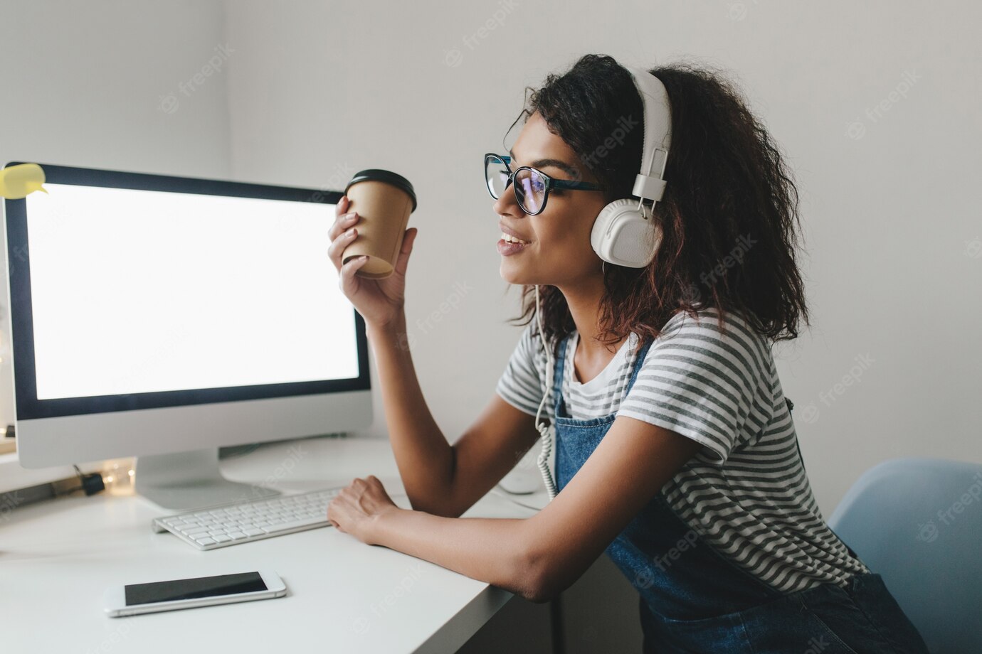 Young Black Woman Wistfully Looking Away Holding Cup Coffee Smiling While Working Office 197531 4891