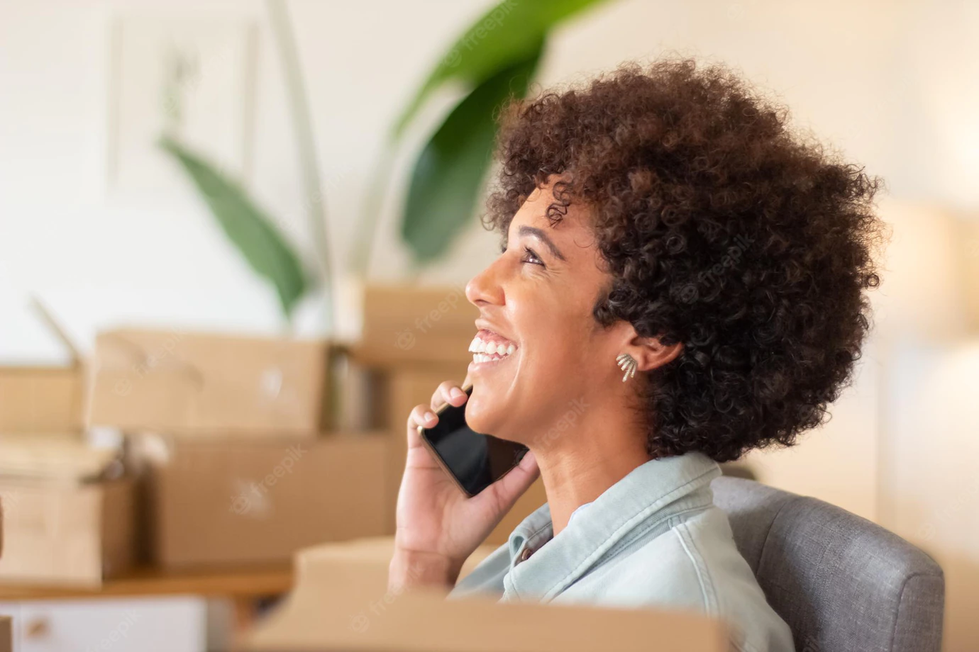 Young Online Shop Worker Calling Client Smiling Happy Black Woman Working Home Office Surrounded By Cardboard Parcels Startup Business E Commerce Concept 74855 23874