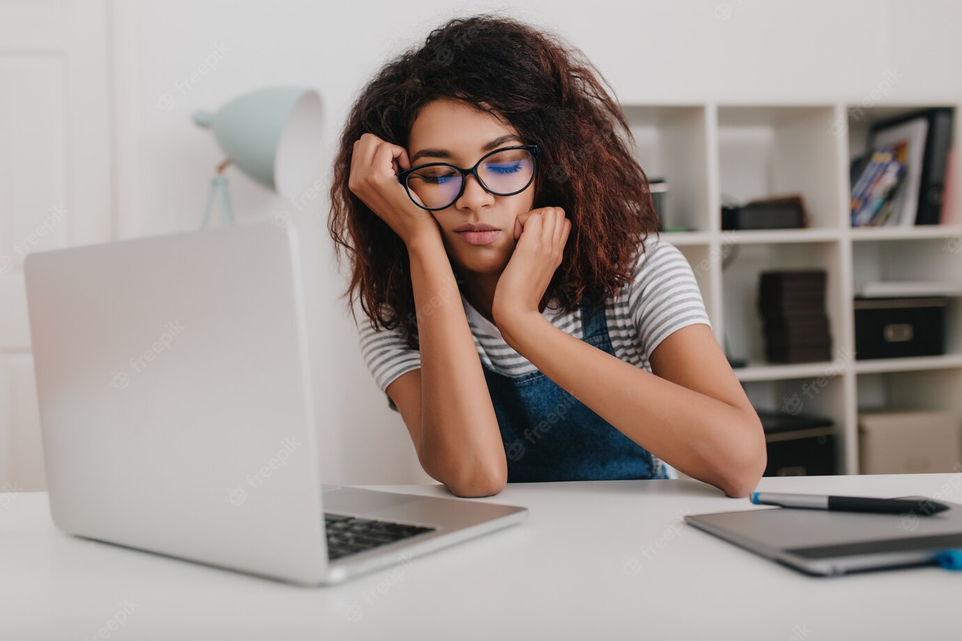 Young Woman With Light Brown Skin Wears Trendy Glasses Sleeping Front Laptop Office 197531 4910