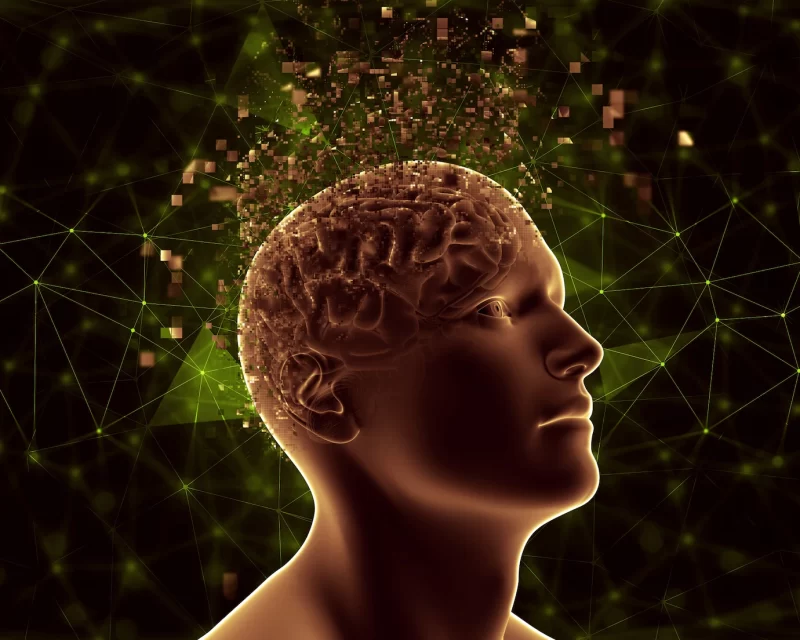 3d male figure with pixelated brain depicting mental health problems Free Photo