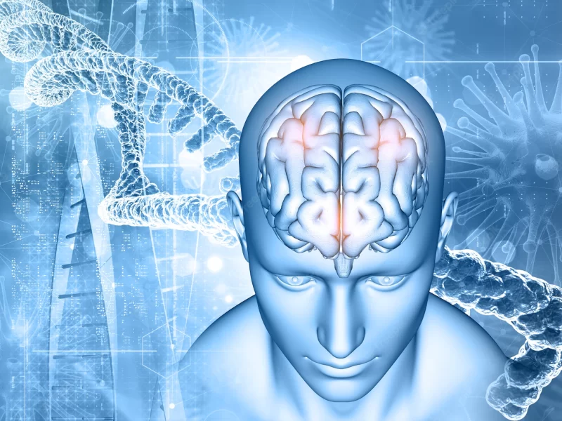 3d render of a medical background with male and brain, DNA strands and virus cells Free Photo