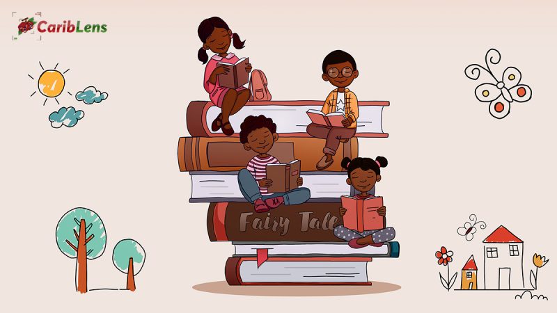 Cartoon African black children reading books – black kids reading at school