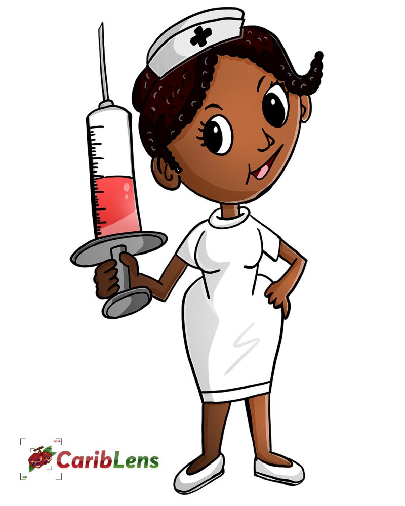Cartoon African Black Medical Assistant Nurse Standing With Syringe In Hand