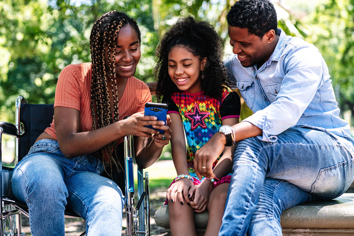 African American Woman Wheelchair Enjoying Day Park With Her Family While Using Mobile Phone Together 58466 15888