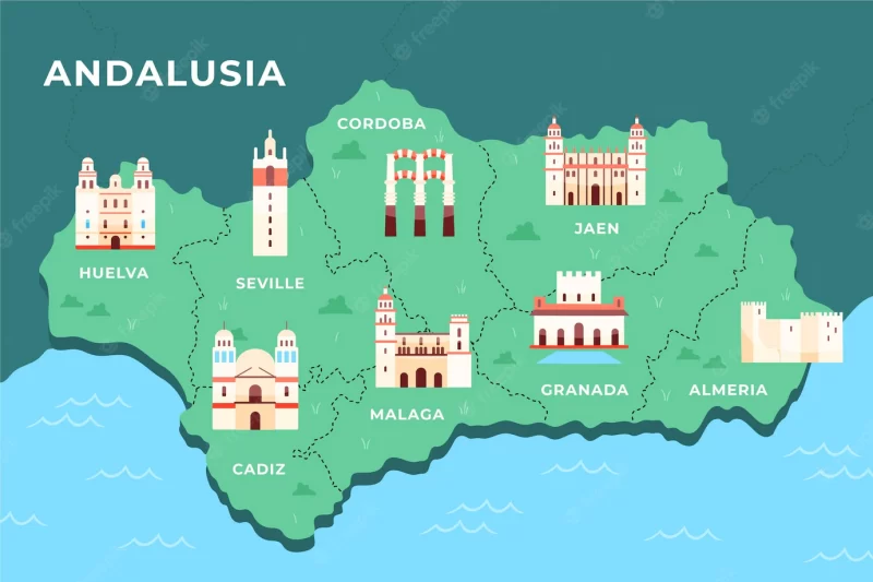 Andalusia map with landmarks Free Vector