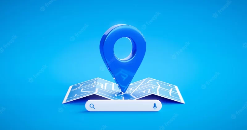 Blue location pin sign icon and gps navigation map road direction or internet search bar technology symbol on position place background with find route mark travel destination navigator. 3d rendering. Premium Photo