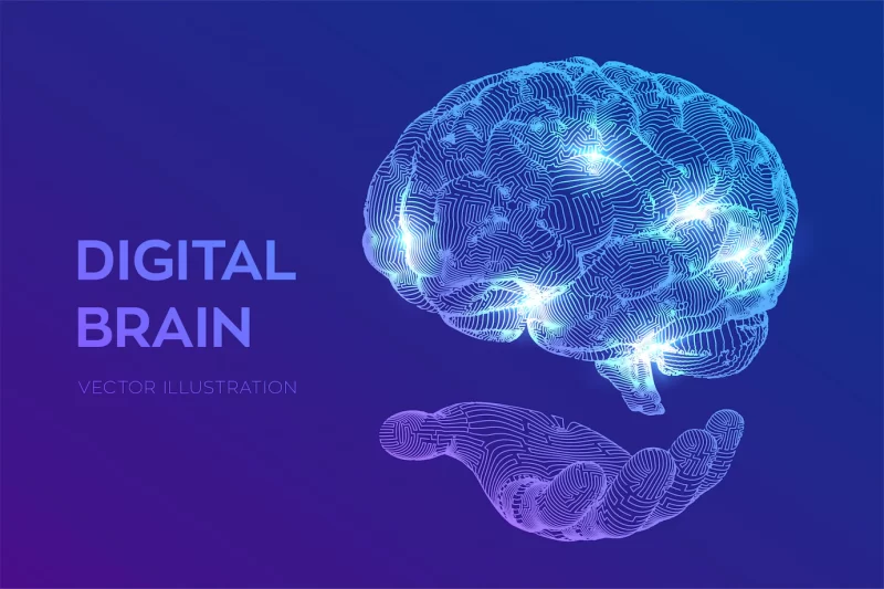 Brain. digital brain in hand. neural network. Free Vector