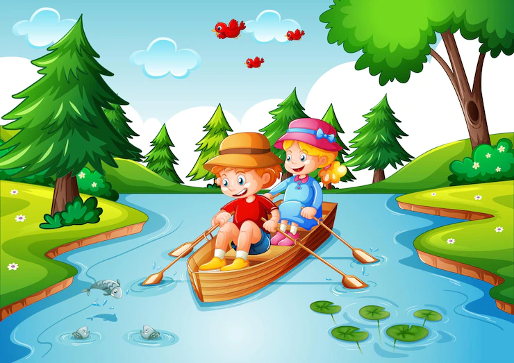 Children Row Boat Stream Forest Scene 1308 55176