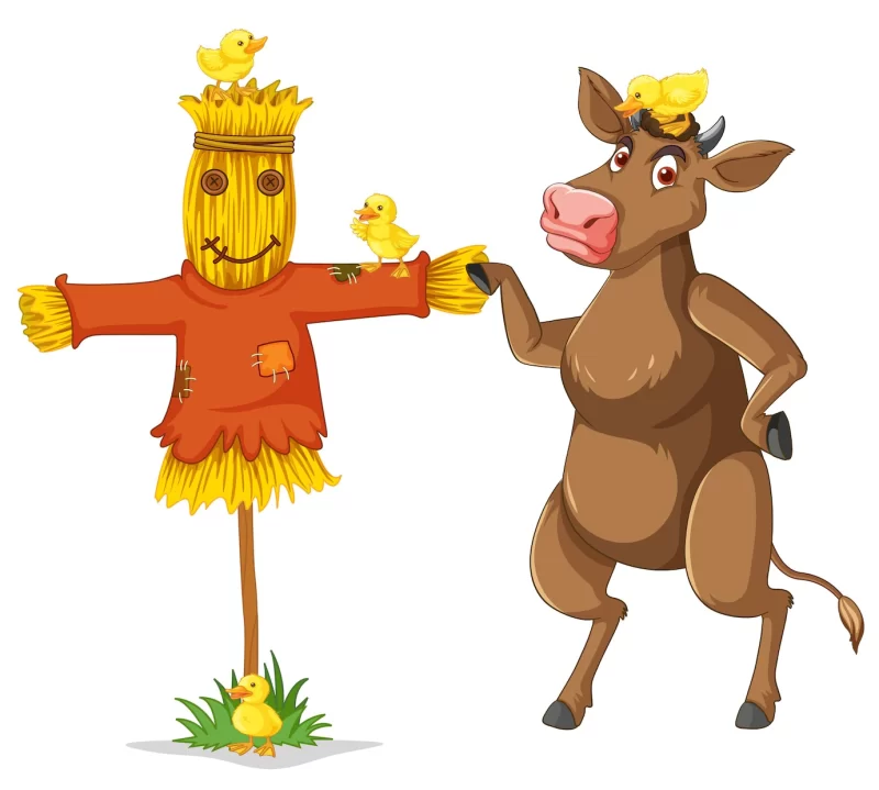 Cow and chicks with scarecrow Free Vector