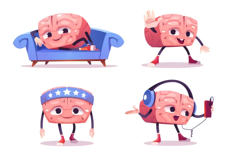 Cute brain character in different poses. set of cartoon chat bot, funny human brain relax on sofa, sport training and listen music in headphones. creative emoji set, smart mascot Free Vector