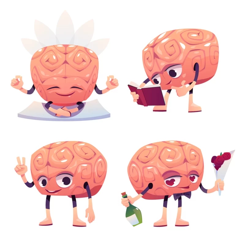 Cute brain character in different poses Free Vector
