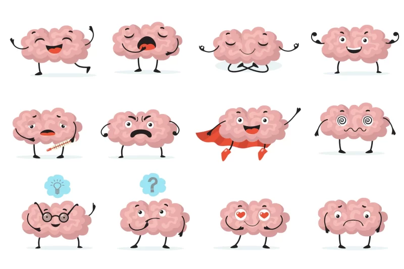 Cute brainy character expression flat icon set. cartoon brain with emotions isolated vector illustration collection. brainpower, mind and intelligence concept Free Vector