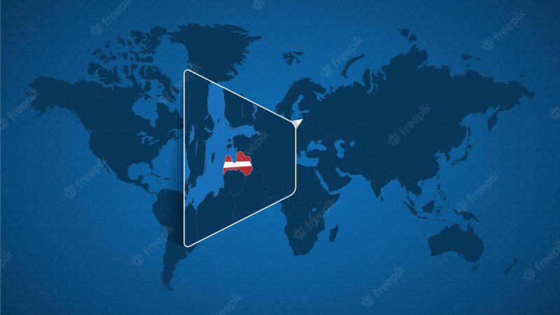 Detailed world map with pinned enlarged map of latvia and neighboring countries. Latvia flag and map. Premium Vector