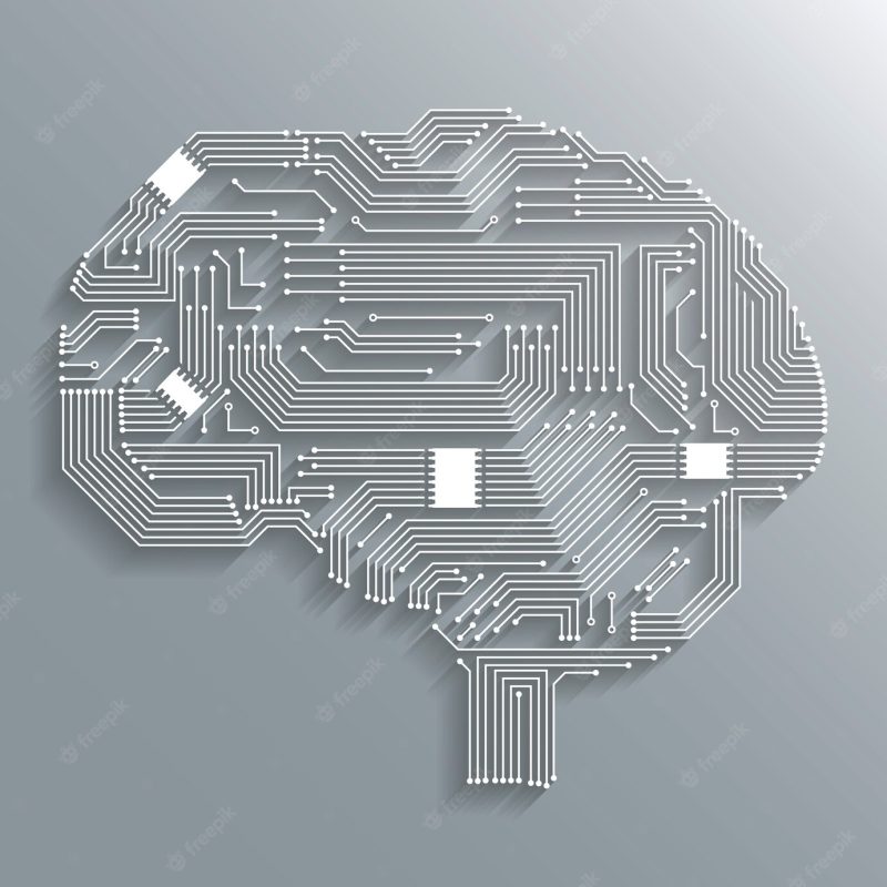 Electronic computer technology circuit board brain shape background or emblem isolated vector illustration Free Vector
