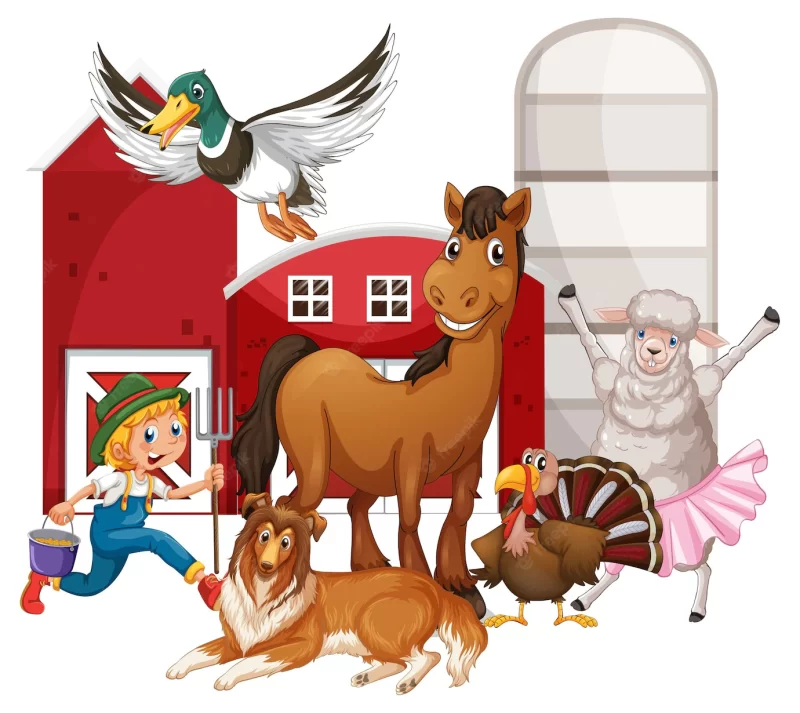 Farming theme with many animals Free Vector