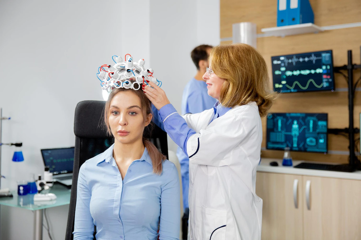 Female Scientist Who Puts Brain Waves Scanning Device Female Patient Clinical Study Brain Activity 482257 31607