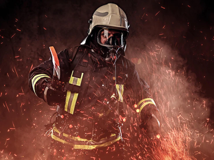Firefighter Dressed Uniform Oxygen Mask Holds Red Axe Standing Fire Sparks Smoke Dark Background 613910 5241