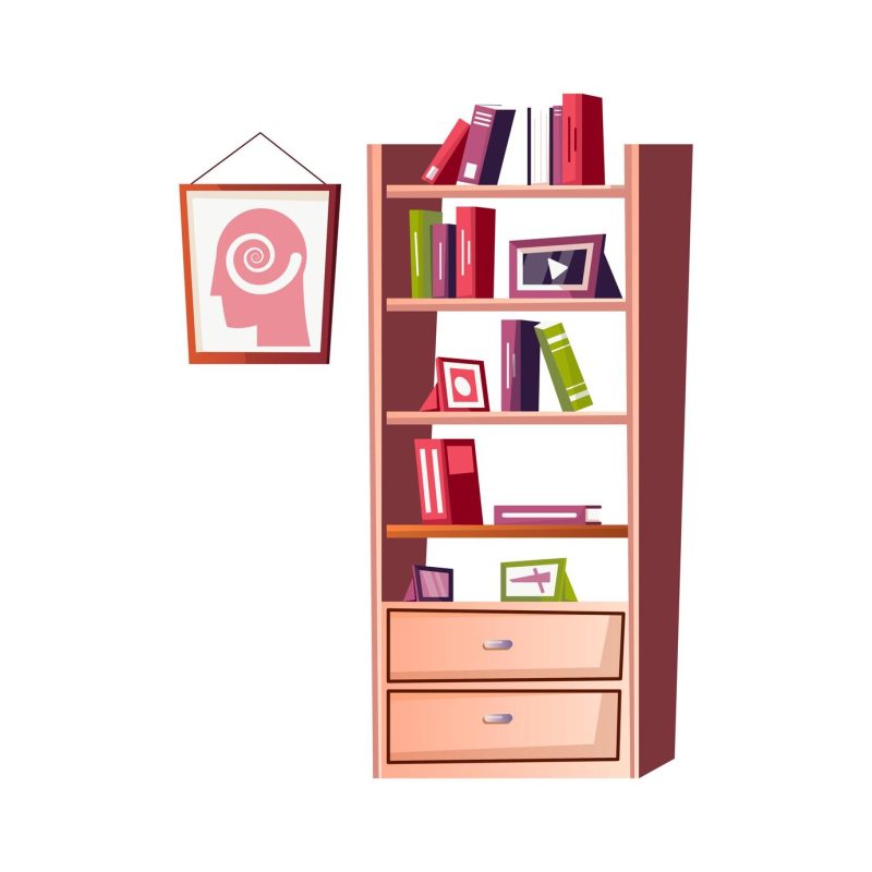 Flat psychologist office interior illustration with bookcase and poster on wall Free Vector