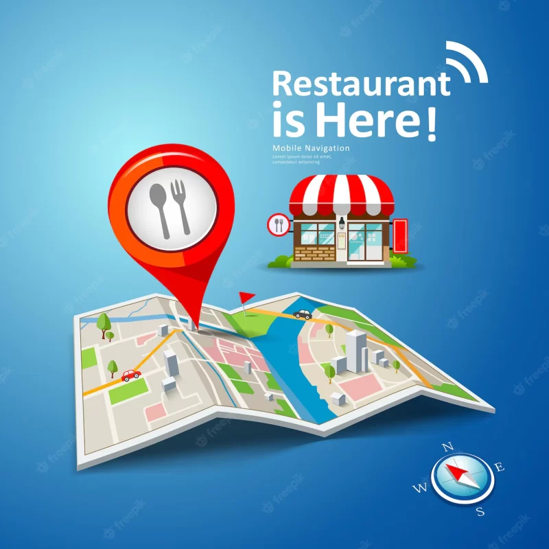 Folded maps with red color point markers, restaurant is here design background, illustration Premium Vector