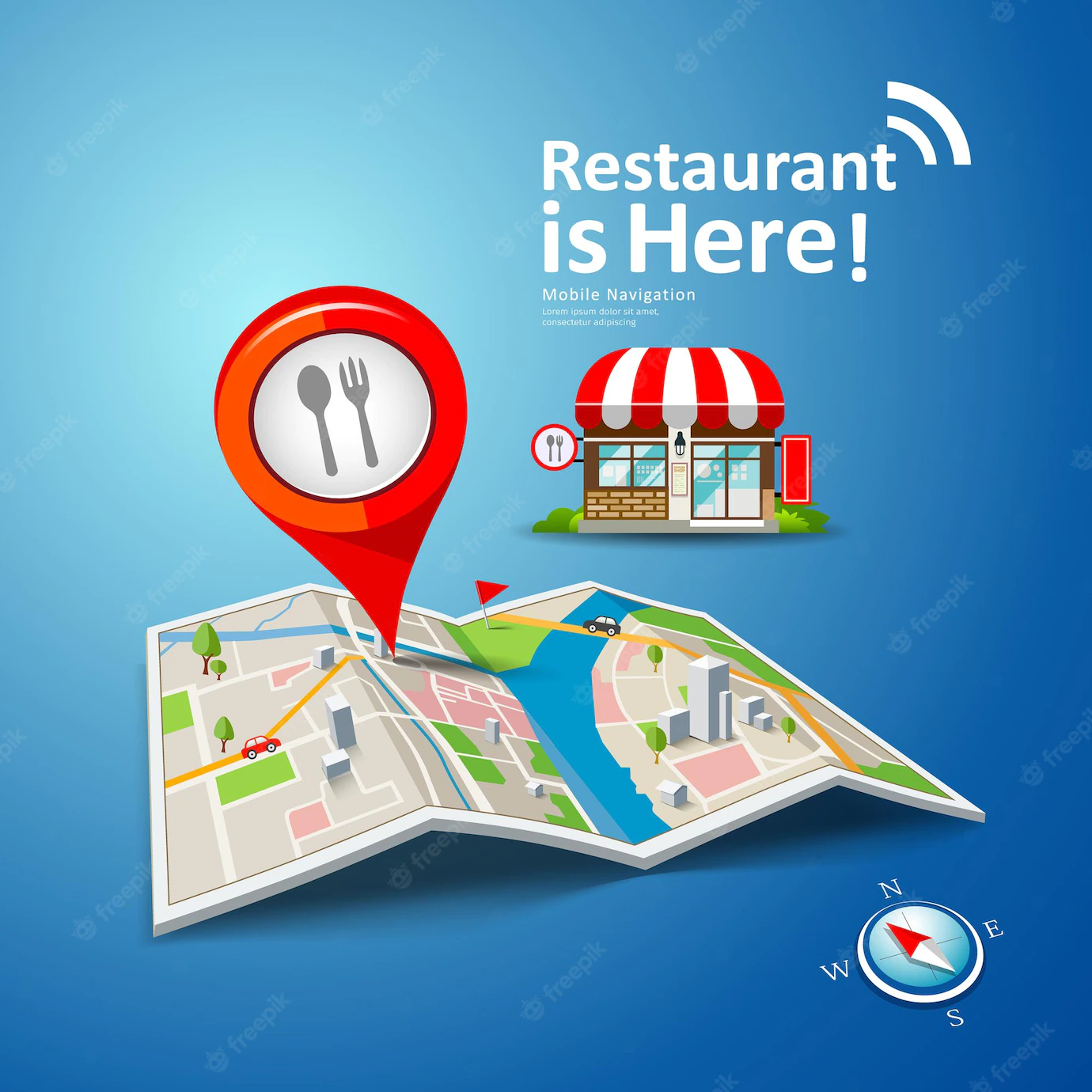 Folded Maps With Red Color Point Markers Restaurant Is Here Design Background Illustration 383392 200